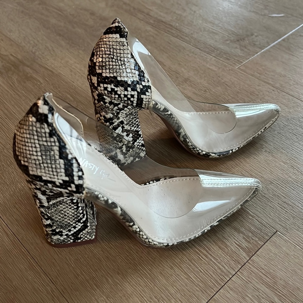 NWOT Nasty Gal Snakeskin Pointed Block Heels with Clear Cover